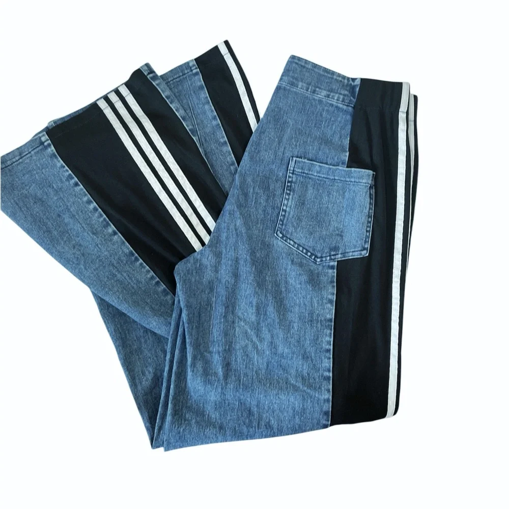 Jeans with Patchwork Three Stripes High Waisted  Color Block Wide Leg size Large - Picture 10 of 10